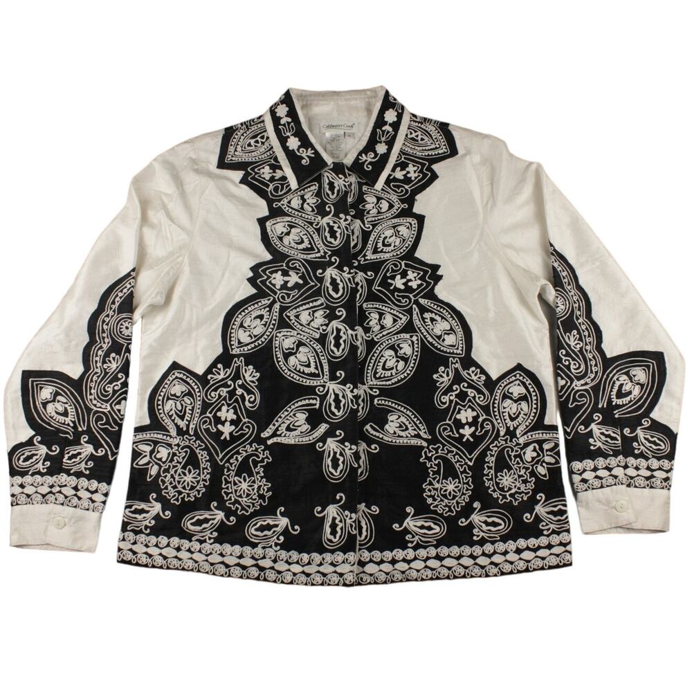 Coldwater Creek Embordered Black/White Paisley Shirt Womens Sz Medium